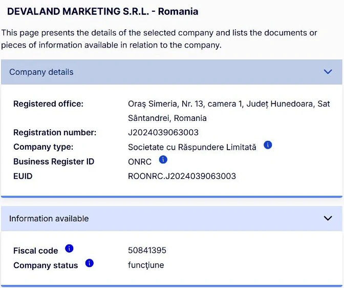 e-Justice Portal record for DEVALAND MARKETING S.R.L.: registration number J2024039063003, EUID ROONRC.J2024039063003, fiscal code 50841395, status functiune